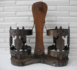Vintage Wood Steel Bottles Or Decanters Holder 1950s MADE IN ENGLAND - Picture 1 of 12