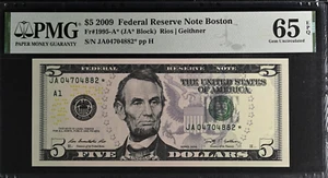 $5 2009 Star Note Federal Reserve Note Boston PPQ 65 Graded GEM Uncirculated - Picture 1 of 2