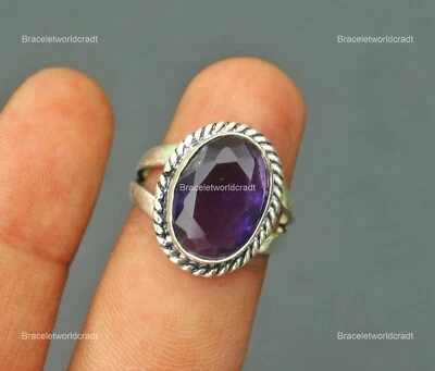 925 Silver Oval Amethyst Stone Elegant February Birth Band Ring Jewelry Size 8 - Image 1 of 4