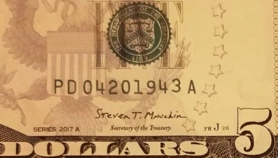 Birthday Anniversary April 20, 1943 Uncirculated $5 Dollar Bill 420 Fancy Serial - Image 1 of 4