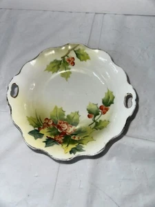 1916-1921 Vtg Nippon Japan Hand Painted Holly Berry Porcelain Bowl Silver Trim - Picture 1 of 4