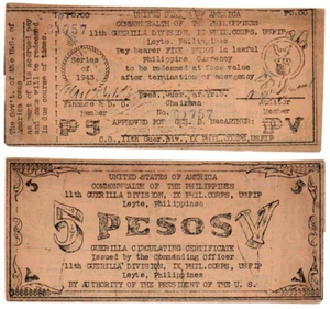 1943 Filippine Provincia di LEYTE 5 Pesos 11ª Divisione Guerriglia USFIP Non Elencato - Foto 1 di 4