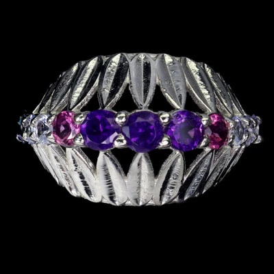 925 Anello Argento Sterling Rotondo Ametista Rodolite Tanzanite Gemma Gioie 8.5 - Immagine 1 di 4