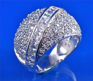 STERLING SILVER PAVE SET WHITE CZ DOME RING W/ DIAGONAL CHANNEL SET BAGUETTES - Picture 1 of 3