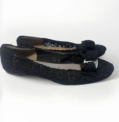 Salvatore Ferragamo Zapatos Mujer 5 Negro Bombay Encaje Ballet Sin Cordones Planos Elegantes Foto 1 de 4