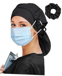 Large Satin Lined Scrub Cap for Women Long Hair Nurse Head Cap Surgical 1 Black - Picture 1 of 8