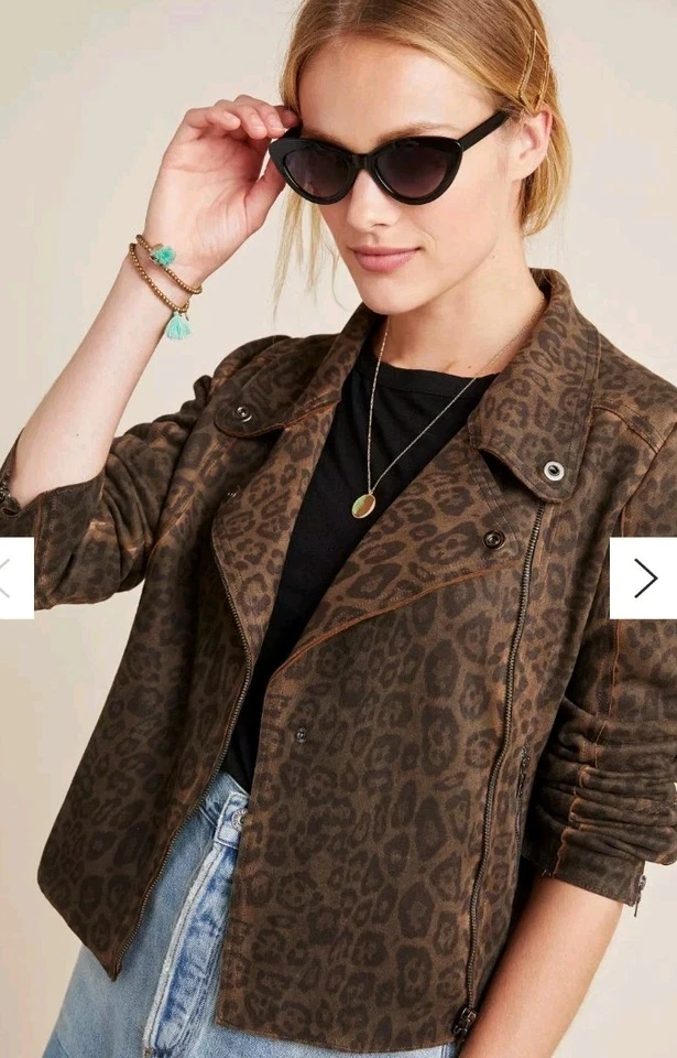 Anthropologie Marrakech Marni Leopard Moto Jacket Sz M Faux Suede Leather Brown - Image 1 of 4