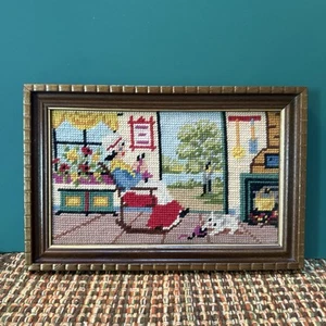 Vintage gerahmte Nadelspitze Cottagecore Grannycore handwerkliche Katze Dame 7,5” x 11,5” - Bild 1 von 6