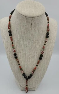 Vintage Red Black gold Beaded Necklace With Painted Flowers On Beads - Picture 1 of 7