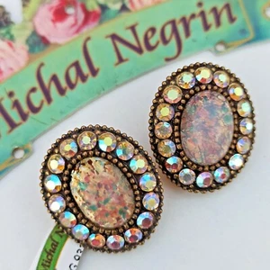 Michal Negrin Clip Earrings Aurora Borealis Large Art Deco & Swarovski Crystals - Picture 1 of 12