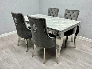 Grey Marble Dining Table with 4 Lion Knocker Chairs - Picture 1 of 5