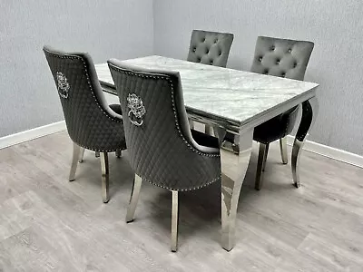 Grey Marble Dining Table with 4 Lion Knocker Chairs - Image 1 of 4