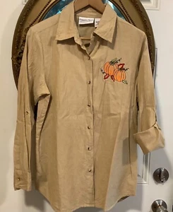 Camicia Country Store beige ricamata zucca autunno bottoni rotolo linguetta manica M - Foto 1 di 8
