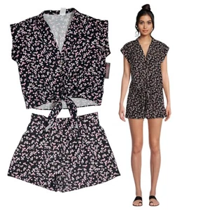 Nobo Damen Gr. XL Top Shorts Set Blumenmuster mehrfarbig schwarz Bluse vorne zum Binden Oberteil - Bild 1 von 18