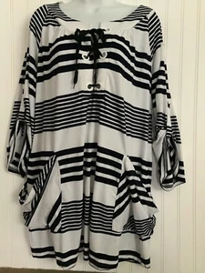 St. Tropez West Women's Top Tunic Coverup Large Navy White Striped  3/4 Sleeve - Picture 1 of 12