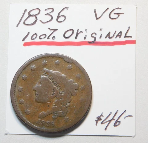 1836 EARLY CORONET HEAD U.S. LARGE CENT V.G. PRE-CIVIL WAR - DIRT CHEAP!!!!!!!⭐⭐ Cover
