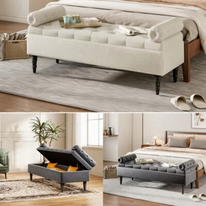 Bedroom Storage Ottoman Bench w/ Pillow & Storage, Linen Fabric,Rubber Wood Legs - Picture 1 of 23