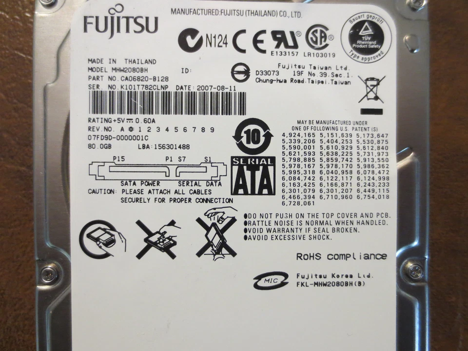 Fujitsu MHW2080BH CA06820-B128 07FD9D-0000001C 80gb 2.5" Sata HDD  - Image 1 of 1