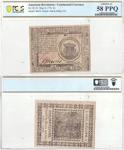 May 9, 1776 $1 One Dollar Continental Currency Fr-CC-31 PCGS AU-58 PPQ - Picture 1 of 3