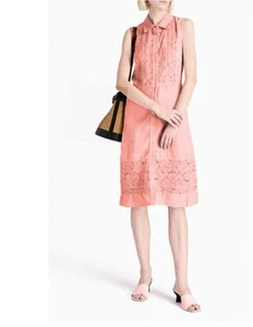 Abito camicia midi lino rosa con pannelli pizzo 120% lino taglia 44 nuovo con etichette US 8 - Foto 1 di 6