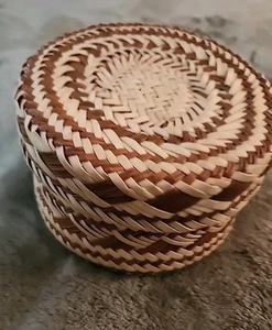 Southwestern Round Basket With Lid 3” H 5 1/2” W Grass Weave - Picture 1 of 6
