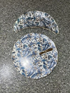 2 Lefton Hand-painted China Tidbit & Bone Dishes Blue Paisley Print Gold Trim 6” - Picture 1 of 7