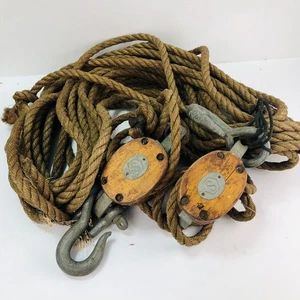 Blocco legno metallo attacco doppia puleggia impianto marittimo con corda primitivo antico vintage - Foto 1 di 9