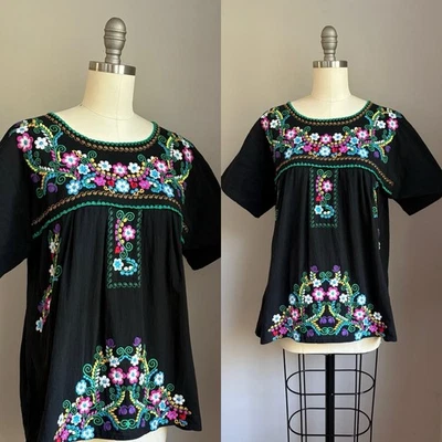 Blusa Campesina Vintage Años 70 Bordada Floral Mexicana Top Oaxaqueña Mediana Foto 1 de 4