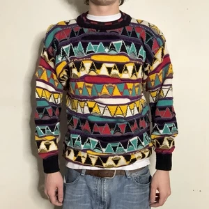 Vintage 80s Premiere Design Wool Geometric Pattern Coogi Style Oversized Sweater - Picture 1 of 6