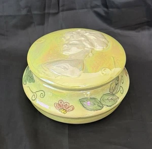Vintage Eley Boy Pottery Glazed Lidded Box Iridescent Cameo Portrait On Lid - Picture 1 of 15