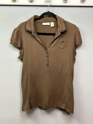 Camisa DKNY Jeans Mujer Grande Marrón Henley Cuello Polo Manga Corta Pointelle Foto 1 de 4