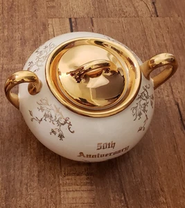 Zuccheriera vintage PERLA CINA decorata a mano oro 22 kt 50° anniversario - Foto 1 di 15