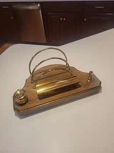 Vintage Holz und Messing Schreibtisch Ablage - Füllfederhalter Tintenfass - Made in Italy - Bild 1 von 12