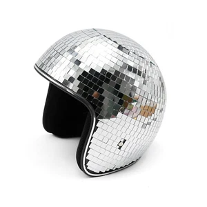 Disco Ball Helmet Glitter Mirror Glass Hat with Retractable Visor Unisex Silver - Picture 1 of 7