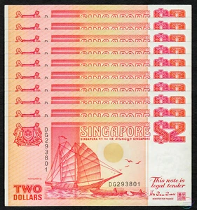SINGAPORE 2 Dollars X 10 PCS 1990 P-27 Ship Series 1/10 Bundle UNC - Picture 1 of 2