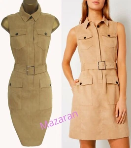 KAREN MILLEN ❤ STUNNING CAMEL TAN FAUX SUEDE SAFARI SHIRT STYLE DRESS ❤ UK 10 - Picture 1 of 7