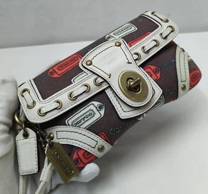 Coach Multicolor Canvas Gepäckanhänger bedruckt gewebt Drehverschluss Kalbsleder Geldbörse - Bild 1 von 14