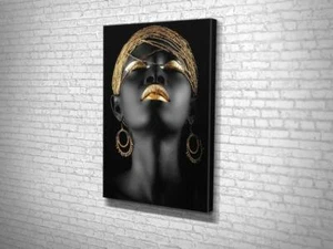Mujer afroamericana, arte de pared con estampados dorados, estampado de pintura de lona negro - Imagen 1 de 1