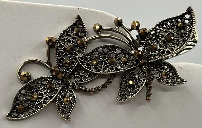 Vintage Marcasite Hair Clip Gold Tone  With Brown  Rhinestones , Butterfly Theme - Image 1 of 4