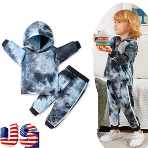 2PCS Kids Baby Boys Tie-Dye Hooded Sweatshirt Pullove Tops+Pants Toddler Outfits - Picture 1 of 10