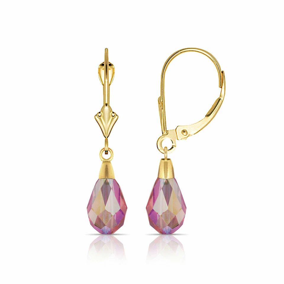 Pendientes colgantes de turmalina rosa con forma de lágrima de oro amarillo macizo de 14K Foto 1 de 1