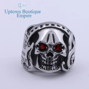 DJ Skull Studio Rock Music Men's Stainless Steel Biker Red CZ Ring Size:8-13 #GF - Picture 1 of 9