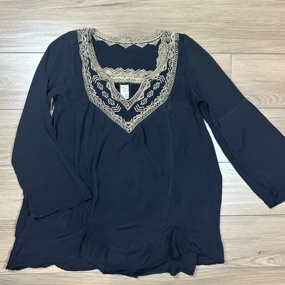 L Space Tunic Bell Sleeve Embroidered Inserts Boho Beach black Cover-up dress M - Image 1 of 4