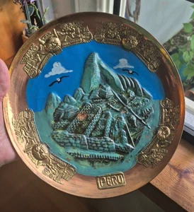 VTG Hand Painted Copper Brass Plate PERUVIAN ANCIENT PYRAMIDS INCAN DEITIES - Picture 1 of 9