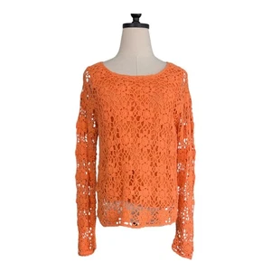 Crochet Sweater Top PM Orange Y2K Vintage 90s Open Knit Floral Boho Sheer Hippie - Picture 1 of 9
