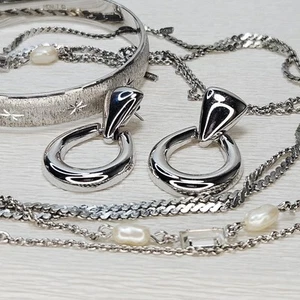 Monet Silver Pearl Crystal Station Necklace Chain Bangle Doorknocker Earrings - Picture 1 of 7