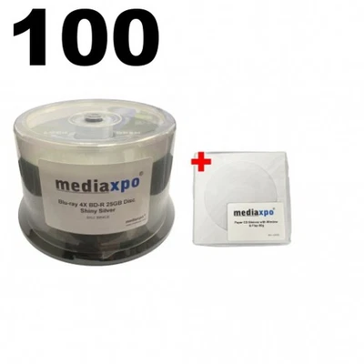 100 Grade A Blu-ray 4X BD-R 25GB Disc Shiny Silver & 100 Paper Sleeves - Image 1 of 4