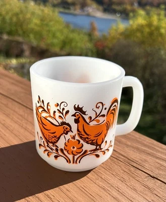 Vintage Glasbake Chicken Hen Rooster Coffee Mug Orange Brown Milk Glass 8 Ounce - Image 1 of 4