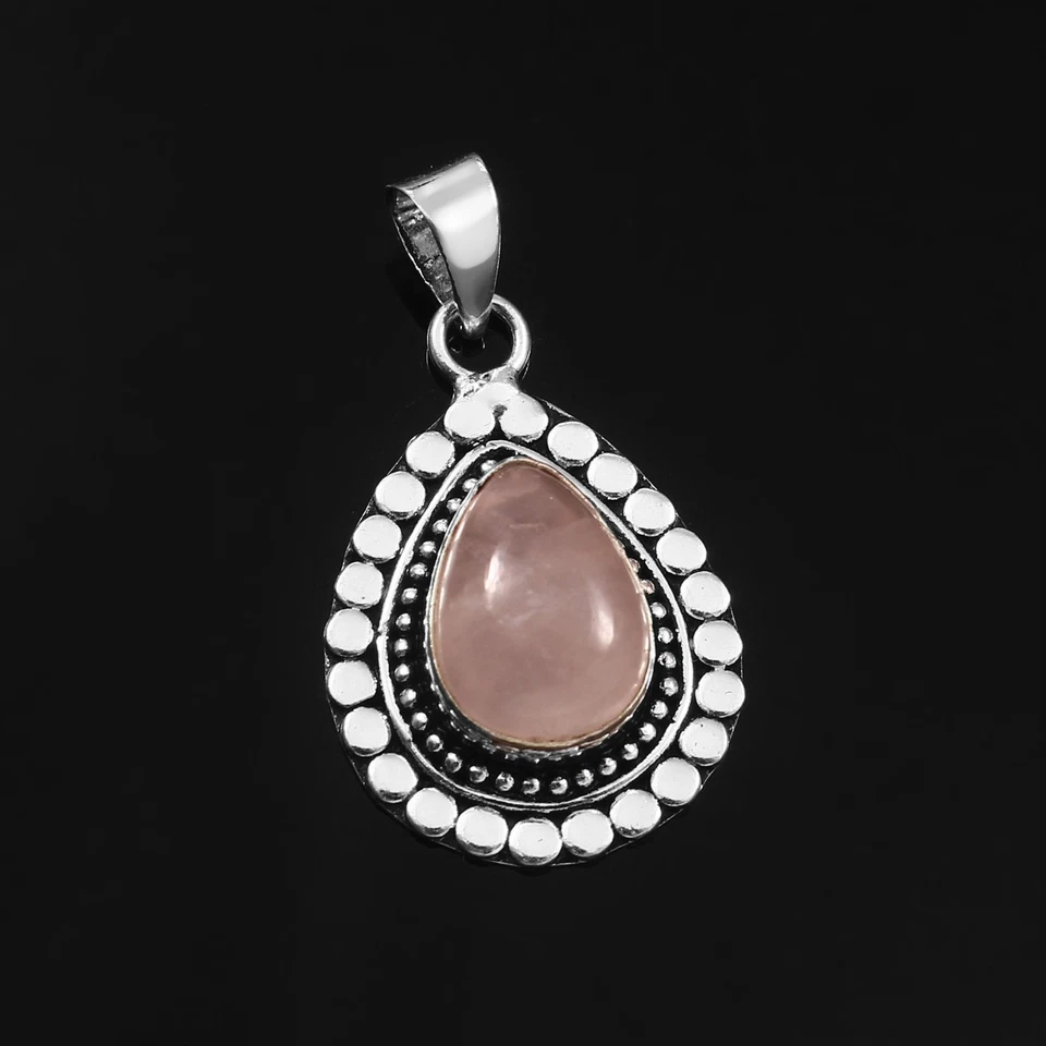 Colgante hecho a mano de plata de ley 925 con piedras preciosas de cuarzo rosa Foto 1 de 1