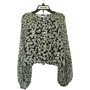 ZARA Blue Floral Black Sheer Cropped Top Button Up Puffy Sleeves Size L - Picture 1 of 7